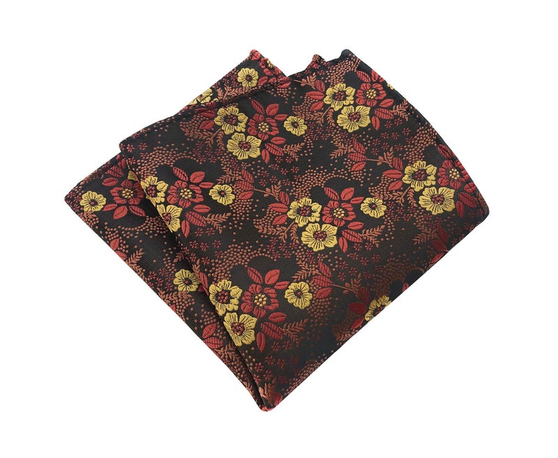 Secdtie Mens Dark Brown Silk Bow Tie Pocket Square Set Orange Red Petal Woven Paisley Party Cool Bowties Gifts - Image 3